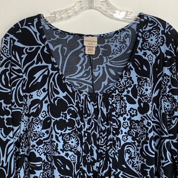 Covington Womens Plus 16-18W 2X Blue Black Flowy 3/4 Sleeve Scoop Tunic Blouse - Picture 4 of 10